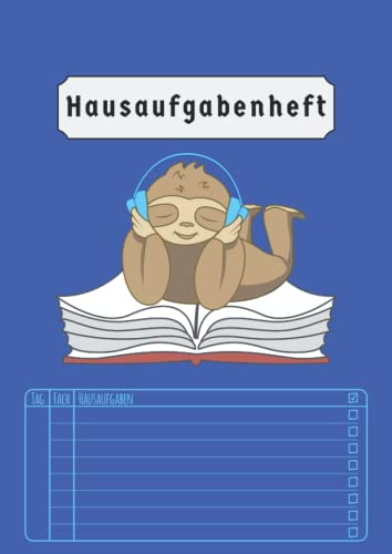 Hausaufgabenheft: Grundschule Junge Faultier | Ohne Datum Aufgabenheft Für Kinder | Blau | Din A4 | 50 Blatt | Version 2022/2023