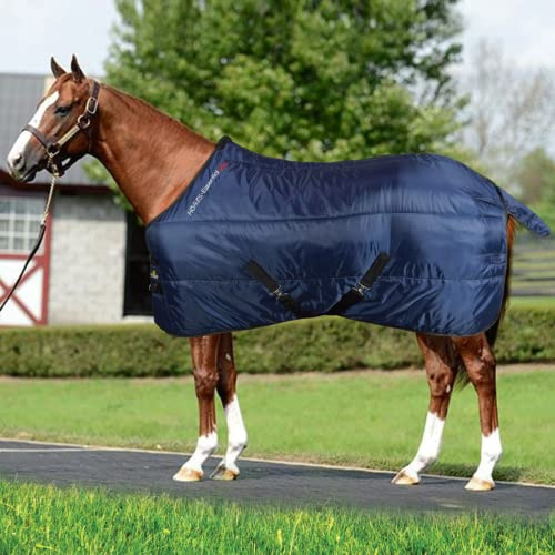 Horses, Couverture de Box Essential 350gr, Couverture de Bonne Facture, Utile pour Protéger Le Cheval des Variations de Température, de la Pluie et des Insectes (162 cm, Bleu/Noir)