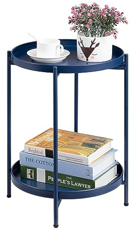 HollyHOME Tavolino Rotondo Piccolo Tavolino Salotto Metallo Tavolino Basso 2 Ripiani Comodino Camera da Letto Tavolino da Divano per Soggiorno Balcone Patio, Blu Scuro