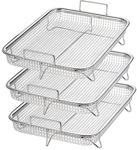 Pinafresa 3Piece Stainless Steel Grill Basket Non-Stick Mesh Basket Set Air Fryer Tray Wire Rack for Oven,