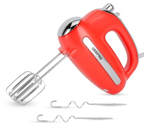Geepas Electric Hand Mixer 5 Speeds & Turbo Electric Whisk Handheld Food Collection Cake Mixer for Baking Stainless Steel Beaters & Dough Hooks for Whipping Cream Dough Egg 300W Ultra Power, Retrovive