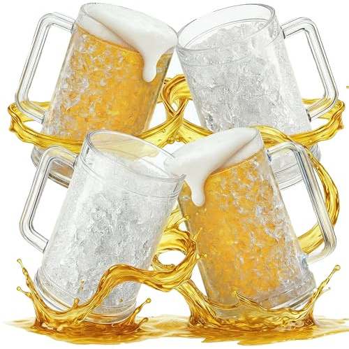 Granatan Freezer Beer Mugs Set of 4, 16 oz Double Wall Gel Mugs for Freezer, Acrylic Plastic Beer Stein with Handle, Ice Cold Glasses for Men, BBQ, & Pool Parties (Clear)