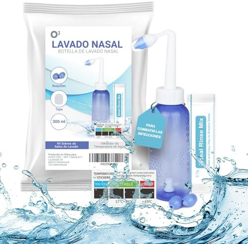 Lavado Nasal Adulto y Bebe 300 ml con 40 Paquetes de Sal y 1 Termómetro - Neti Pot Limpiador Nasal con 2 boquillas de Recambio - Irrigador Nasal