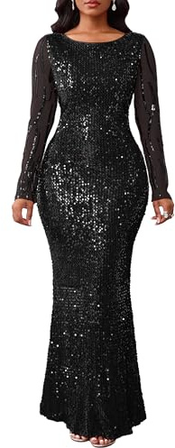 VERWIN Dam paljetter bodycon rund hals långärmad glittrande sjöjungfru maxiklänning för vardaglig fest cocktail, Svart, XXL