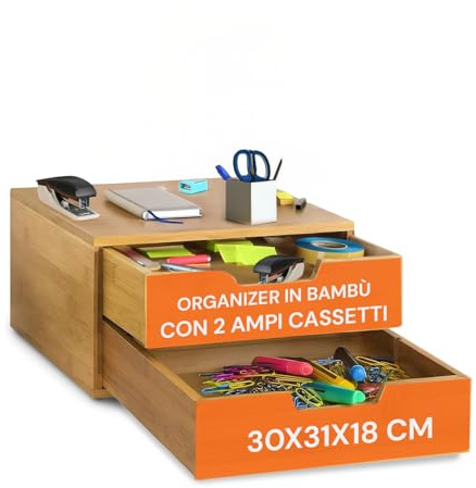 Avilia Organizer da Scrivania in Bambù con 2 Cassetti 30x31x18 cm - Portaoggetti Multiuso per Ufficio, Casa e Make-up - Contenitore per Cancelleria, Accessori e Trucchi - Design Elegante e Sostenibile