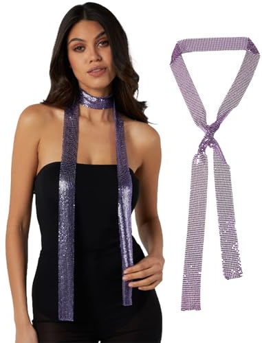 JK Home Sparkling Metallic Scarf Metal Sequins Choker Neck Tie Scarf Skinny | Neckerchief for Women Sparkle Glitter Long Thin Scarves Necktie for Girls Party Wedding
