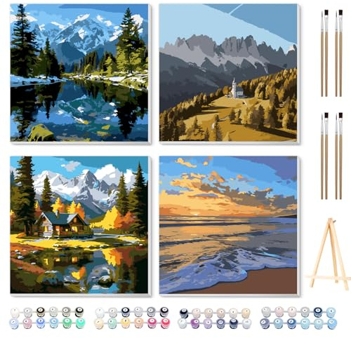Ninonly Pintura por Numeros Adultos 4 Pcs DIY Cuadros para Pintar por Numeros con Marco con Pinceles y Pigmento Paint by Numbers Adult para Principiantes y Niños 20 * 20cm Paisaje