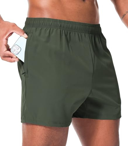 Superora löparshorts för män med vattentät bakficka – snabbtorkande, bekväma och eleganta atletiska shorts, Armégrönt, L
