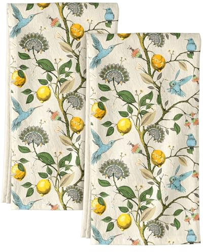 Miss Adola Flour Sack Kitchen Towels Set of 2-18x26 Cotton Dish Towels with Hanging Loop Reusable Tea Towel for Cleaning Spring Absorbent Dishcloths Cute Home Decor Housewarming, Lemon Birds