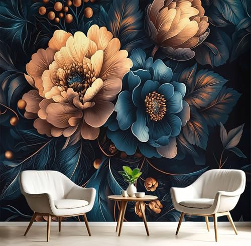 Papel Pintado 200X140Cm En Bronce Papel Pintado Seda Peonía Barroca Plantas De Lujo Fotomurales Efecto 3D Tapiz Decorativos Pared Murales Póster Para Dormitorio Salón Tv Pared