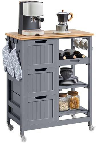 Yaheetech Kitchen Storage Trolley on Wheels, Rolling Kitchen island Cart with 3 Drawers and 3 Shelves, Mobile Storage Sevring Trolley Cart for Dining Room, Living Room, Bar, Dark Gray
