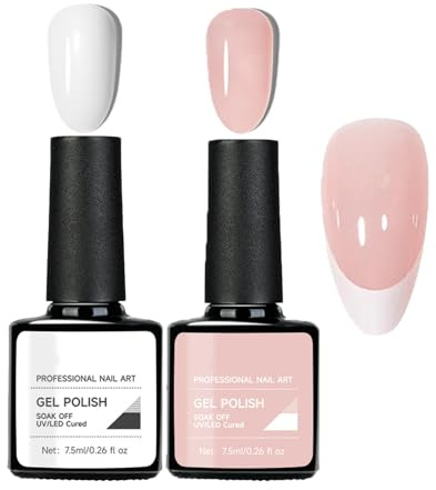 French Gel Nail Polish Set, Nude Pink & White UV Gel Nail Polish, Jelly French Tip Manicure Soak Off UV/LED, Long-Lasting Chip-Resistant Nails Manicure Kit, Classic Varnish DIY Nails Salon