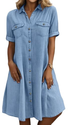 chouyatou Women's Summer Short Sleeve Denim Shirt Dress Business Casual Button Down Midi Long Jean Dress (Small, Light Blue)