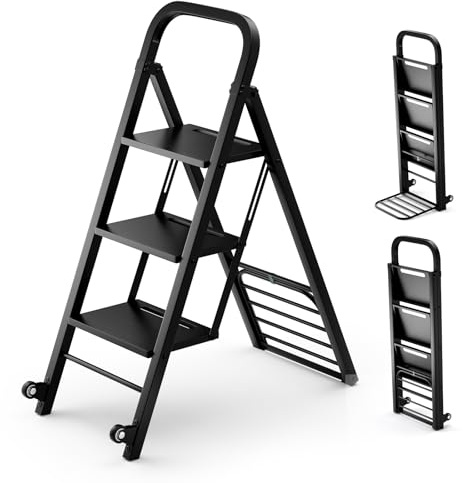 Carrello con Scala a Mano 2 in 1, Carrello con Scala Pieghevole a 3 gradini, Pedali Larghi e 2 Ruote direzionali, Carrello in Acciaio per carichi Pesanti, Carrello per Sacchi Fino