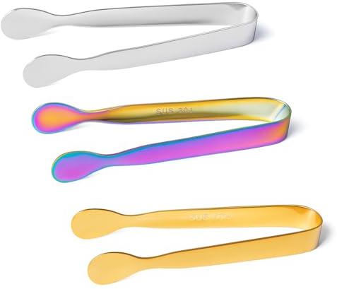 3 PCS Stainless Steel Mini Tongs – Small Ice and Sweet Tongs for Serving Sugar Cubes, Appetisers, Buffet, Coffee Bar, Wedding Party & Family Restaurant Supplies – Durable Smooth Design