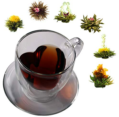 bedida® Doppelwandige Teegläser (1x350ml) inkl. 6x weißer Tee, Teeblumen Geschenkset |Teegeschenk: Doppelwandige Gläser + Erblühtee, Thermogläser doppelwandig inkl. Tee Geschenkset, Tee Set