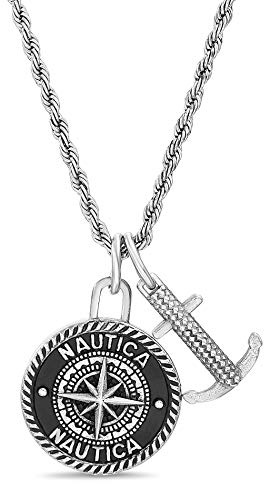 Nautica Oxidized Stainless Steel Black Round Medallion Compass Anchor Double Pendant Necklace for Men 24 Inch Rope Chain