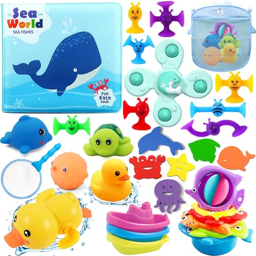 Chennyfun Jouets de Bain Bébés, 32 Pièces Jouet de Bain Set avec Canard en Caoutchouc, Tortue, Dauphin, Bateaux en Plastique etc, Animaux Jouets Flottants pour Bébés Enfant 1 2 3 4 5Ans