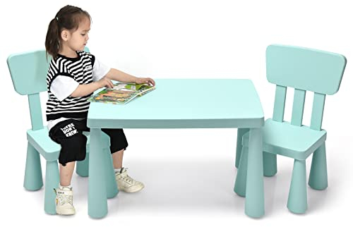 DREAMADE Kindertisch mit 2 Stühlen, 3tlg. Kindersitzgruppe mit abgerundeten Kanten zum Lernen & Essen & Spielen, Sitzgruppe aus Kunststoff, Kindermöbel Set für Mädchen und Jungen (Grün)