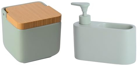 KOOK TIME Juego de Accesorios de Cocina | Incluye 1 x Salero de Cocina con Tapa basculante de Bambú y 1 x Dispensador de Jabón de Cocina con Hueco para Guardar el Estropajo | Verde Salvia Mate
