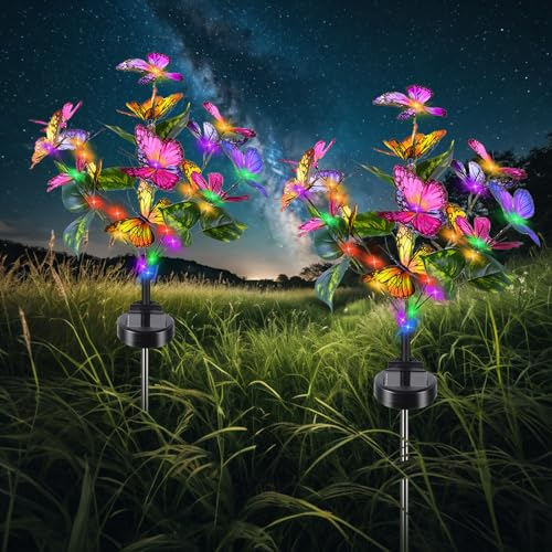 Qoosea Lampe Solaire Exterieur Jardin, 2 Pièces Fleurs Papillon Lampes Solaires Extérieure, IP65 Imperméable Lumiere LED pour Chemins Lumière Décoration de Jardin Patio Mariage Noël Pelouse Terrasse