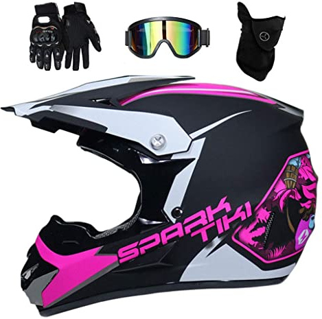 Jugend Dualer Sport Motocross-Helm, mit Brille Maske Handschuhe, Unisex Vollgesichtig MTB Offroad Motorrad ATV Roller Absturz Helm, Bergab Enduro-Rennen Quad Dirtbike Helm(Pink,M/54-55CM)