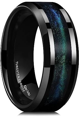 King Will Ehering aus Wolframkarbid für Männer – 8 mm schwarzer, hochglanzpolierter Ehering mit blau-grünem Sand-Inlay für den Alltag, bequemer Sitz für Herren, Größe 60.9 (19.4)