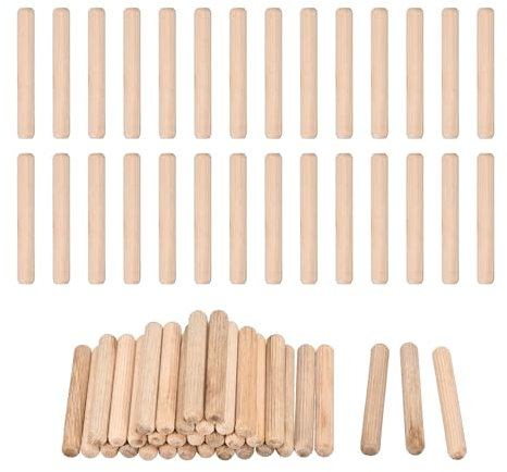 sourcing map 60 Pcs Wooden Dowel Pins 8x60mm(0.31x2.36) Fluted Beveled Ends Wood Dowel Pegs Dried Hardwood for Woodworking Furniture Shelf