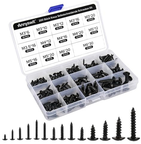 Annyswit 200 Pcs Phillips Self Tapping Screws Set, M3 M3.5 M4 M5 M6 Small Black Screws Assortment Kit, Carbon Steel Pan Head Screw, Round Head Wood Screw for Door Handle, Homemade, Repair Furniture