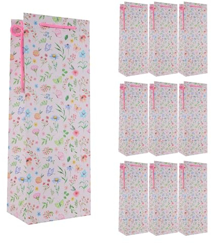 Idena 90239 - Sacs à bouteilles fleurs, 10 pièces, sacs cadeaux de 12,5 x 35 x 9 cm, sacs en papier rose avec fleurs multicolores