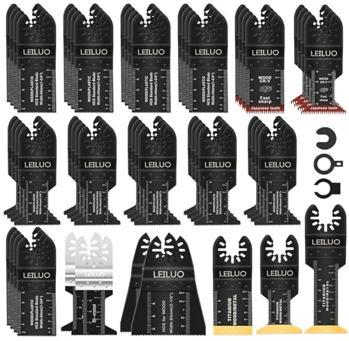 LEILUO 55 Pcs Multi Tool Blades Set, Multitool Blades Wood Metal | Titanium & Japanese Tooth Blades, Cuts Wood Nails Drywall, Storage Bag, Compatible with DeWalt Makita Milwaukee & More