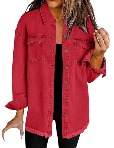 HUIFUAO Camicia di Denim Lavato Giacca Donna Oversize Button Down Cappotto di Jeans con Tasca Manica Lunga Camicetta di Denim Sfrangiato Top, Rosso, XL
