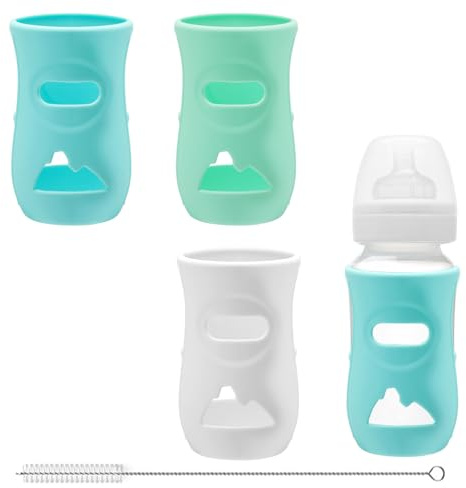 ZMDMAH 3-pack silikonskal babyflaskor, 240 ml okrossbar nappflaskhållare, anti-tapp-skydd för babyflaskor lämplig för Philips Avent flaskglas, Avent flaskor BPA-fri (vit/blå/grön)