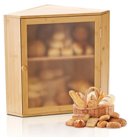 VEVOR Corner Bread Box for Kitchen Counter, Double Layer Large Capacity Bamboo Bread Storage Container, Farmhouse Wooden Breadbox for Homemade Bread, Storage Holder Bin with Acrylic Wavy Door, Natural