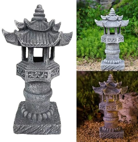 Lampada a pagoda ad energia solare, lanterna a forma di pagoda, effetto pietra, lampada decorativa orientale zen per esterni, per patio, cortile, vialetto, 30,5 cm