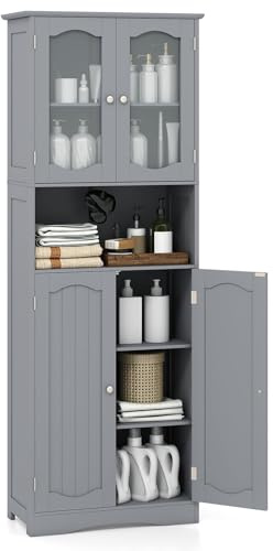 FANTASK Armoire de Salle de Bain autoportante avec étagère réglable, 4 Portes et Compartiment Ouvert, Armoire Haute avec Protection Anti-basculement pour Salle de Bain, Salon et Cuisine, Gris