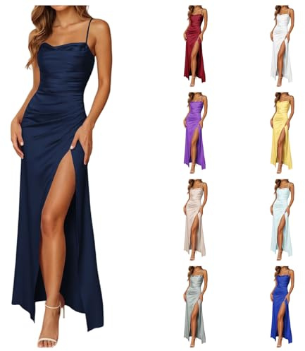 Robe Longue Femme en Satin élégante Dos Nu Fendue Spaghetti Sangle Couleur Unie Swing pour Bal Mariage Cocktail Robe de Soirée Longue Mariage Party Dress Décontractée 001 Marin