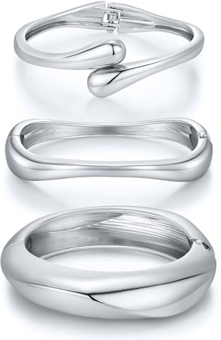3Pcs Chunky Silver Bangle Bracelets for Women Trendy 14K Silver Plated Cuff Bracelets Stack, Dainty Silver Bracelet Sets Non Tarnish Fashion Jewelry Gift