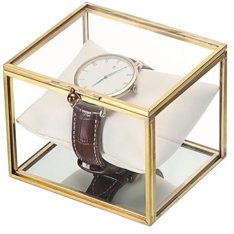 JUXYES Clear Single Watch Display Case with White Watch Pillow, Luxury Brass Glass Watch Organizer Holder Stand Small Watch Collection Box for Men and Women, Gold