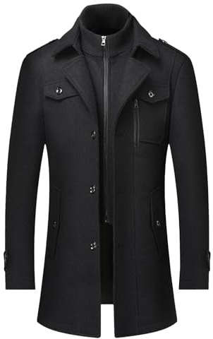 Termisk ullblandning för män Peacoat M-5XL stor lång smal enkelknäppt trenchcoat blazer hack krage lång jacka, Svart, 5XL
