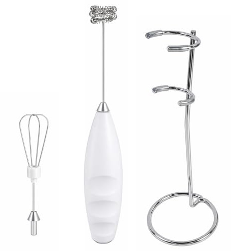 Litinliv Espumador de Leche Electrico con Soporte de Acero Inoxidable, Batidora Leche Espuma 3 Velocidades para Matcha, Capuchino y Batidos, Mini Batidora Portatil con 2 Varillas, Blanco