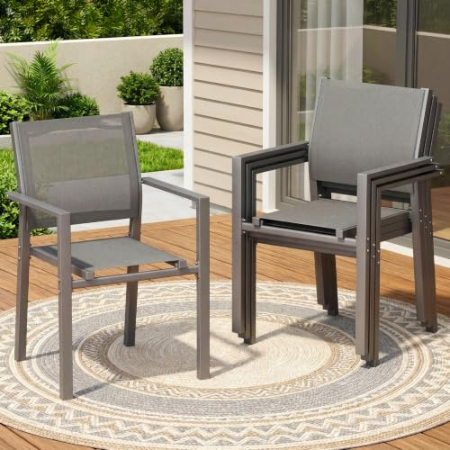 LIFERUN Lot de 4 chaises de Jardin empilables, chaises d'extérieur, 4 PCS | jusqu'à 120 kg, Chaise de Salle à Manger en métal et Teslin, Respirant avec accoudoirs, pour jardin, piscine, terrasse, Gris