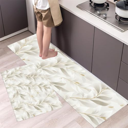 DUOTCYELE Set Di Tappetini Da Cucina Foglia Di Salice, 3D Tappeto Cucina Semplici Linee Di Piante, Antiscivolo, Resistenti, 2 Pezzi, Lavabili, Per Cucinas, Lavanderia, 50x80cm+50x150cm