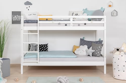TiCAA Etagenbett, Kinderbett Stockbett für Kinder mit Treppe & Zwei Liegeflächen aus Kiefer Massivholz weiß Bettgestell 90 x 200