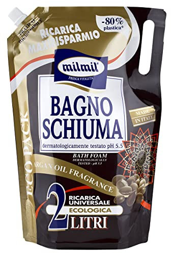 Milmil Bagno Schiuma, Fragranza Olio di Argan, Ricarica Universale Maxirisparmio, Dermatologicamente Testato pH 5.5 - 2000 ML