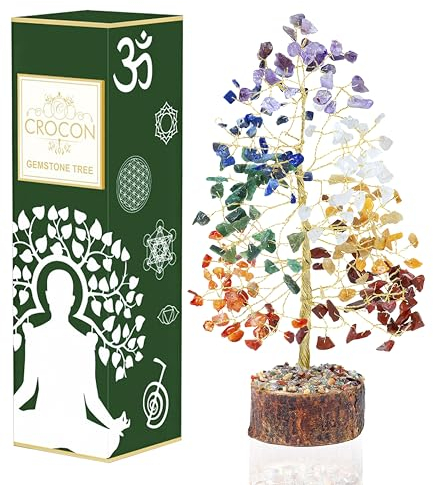 Crocon Seven Chakra Gemstone Money Tree Feng Shui Bonsai for Mystical Reiki Healing Chakra Stone Balancing Spiritual Home Interior Office Decor Size 10 Inch