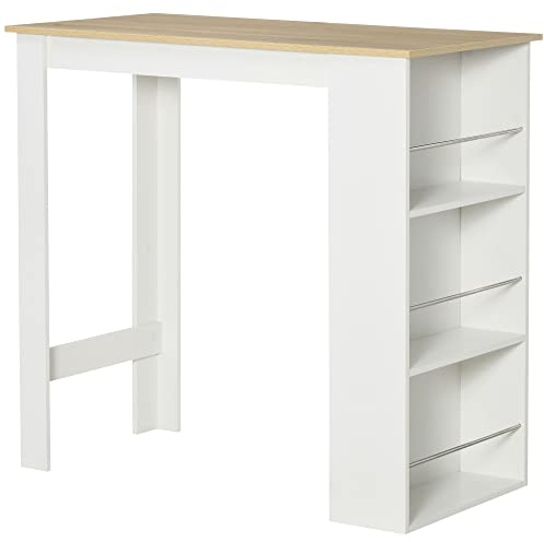 HOMCOM Mesa Alta de Bar, Mesa de Cocina con 3 Estantes Laterales, Estilo Moderno, para Comedor, Salón, 112x57x106 cm, Blanco