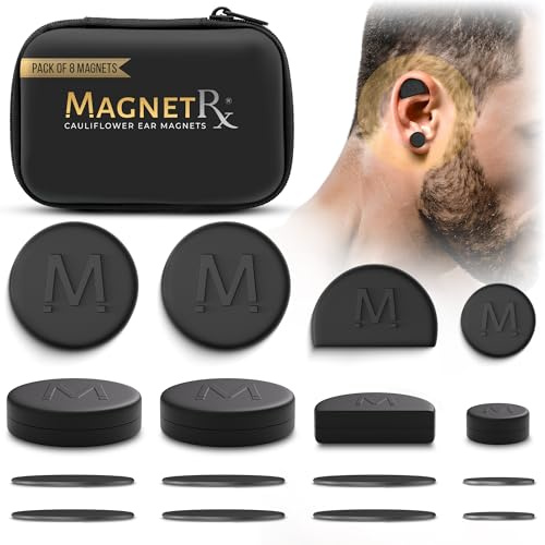 MagnetRX® Öronmagneter för blomkål – 8 magneter i flera storlekar och mellanrum med fodral – kompressionsöronmagnet för dränering av blomkål, tryckörhänge för keloider, BJJ, brottning och