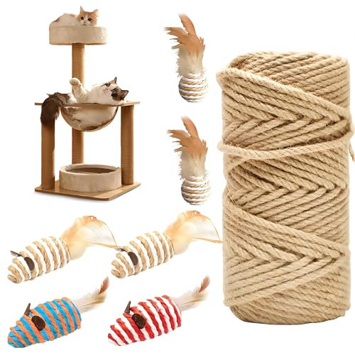 Corde en Sisal Naturelle 6mm/50m, Sisal Rope avec 2 Balles de Sisal Cat/4 Jouets de Souris Sisal, Corde Chanvre pour Arbre à Chat, Ficelle Jute de Griffoir Chats Scratch Pilier, Déco de Jardin/Maison