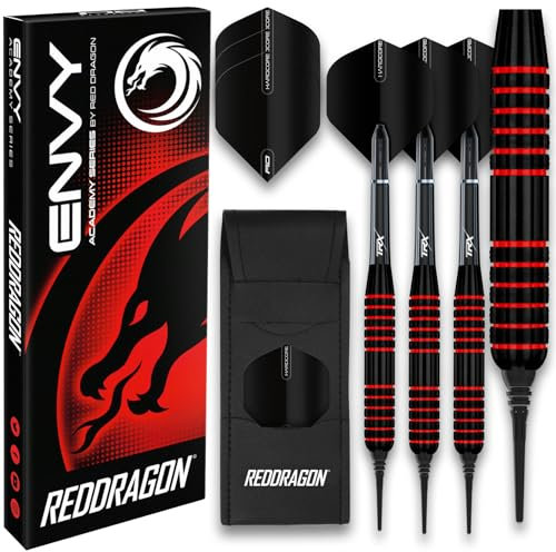 RED DRAGON Envy 18g Professional Brass Softip Black and Red Darts Set with Flights, Shafts (Stems) and Wallet